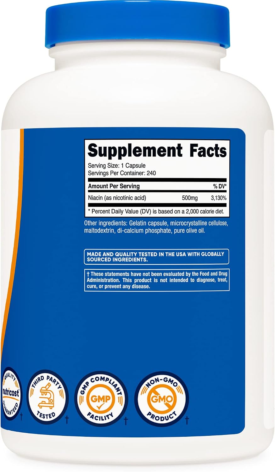 Nutricost Niacin (Vitamin B3) 500mg, 240 Capsules, with Flushing, GMO-Free | Gluten-Free