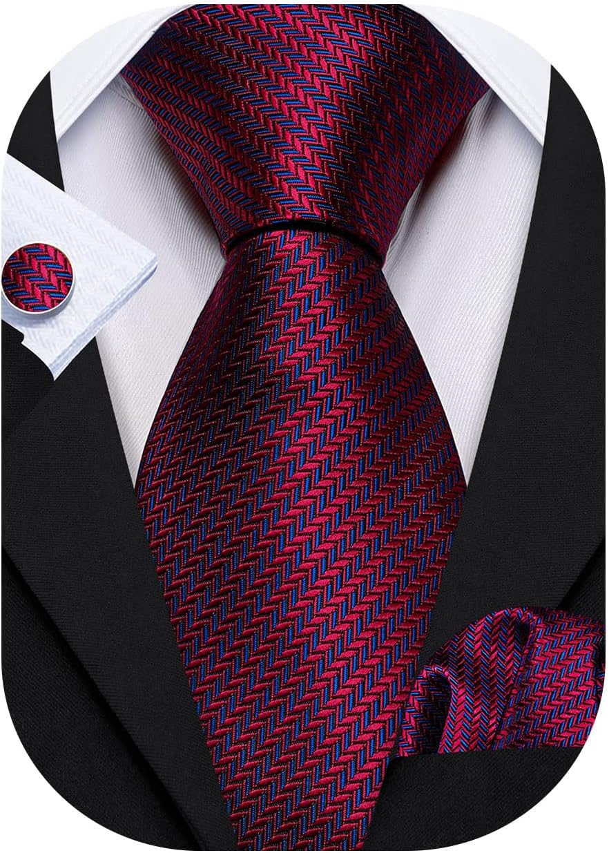 Barry.Wang Plaid Ties for Men Silk Necktie Handkerchief Cuff Links Set