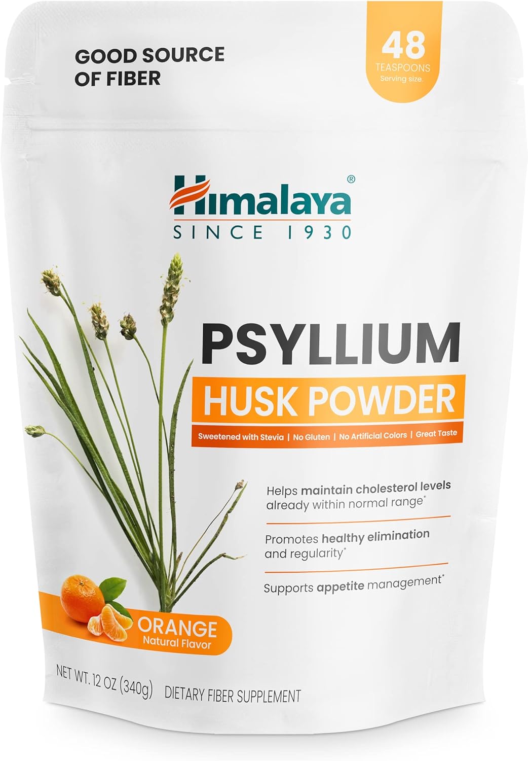 Himalaya USDA Organic Psyllium Whole Husk Powder, Natural Daily Fiber Supplement, Regularity, Appetite Management, Non-GMO, 56-Tablespoon Supply, Unflavored, 12 Oz
