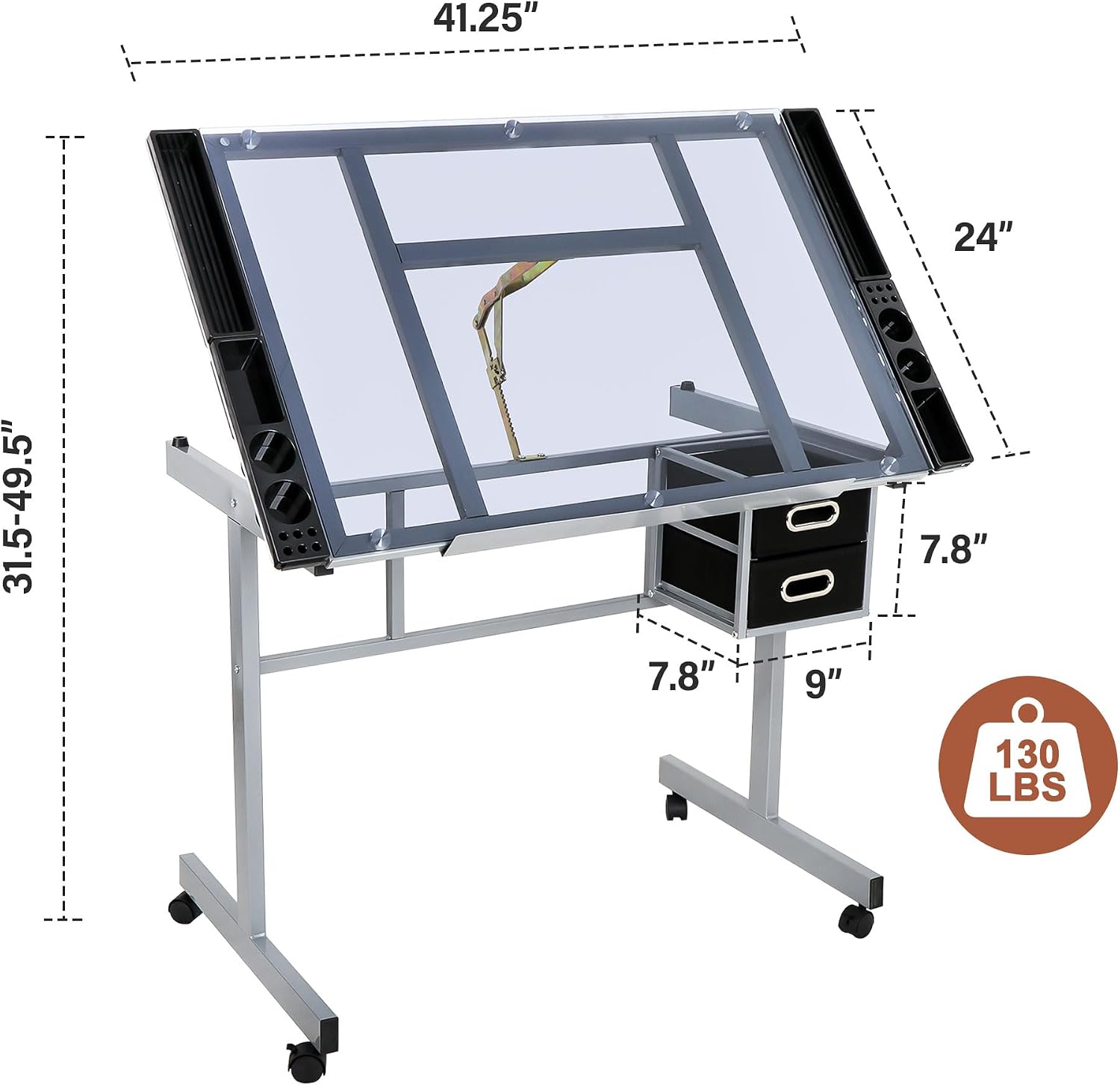 JupiterForce Adjustable Drafting Table Art Desk Drawing Table Versatile Art Craft Work Station Glass Tabletop w/2 Slide Drawers and Wheels for Reading
