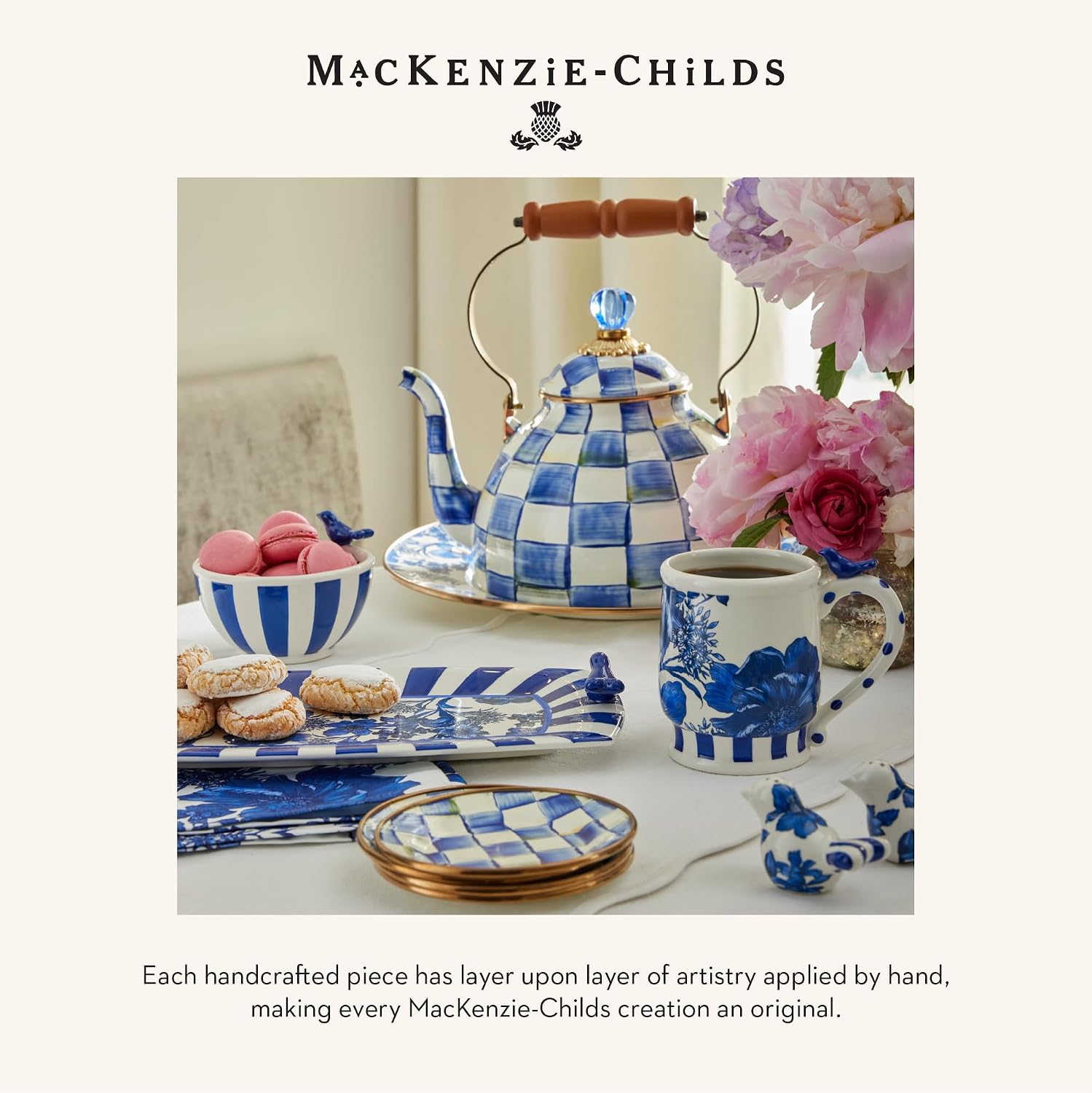 MACKENZIE-CHILDS Square Coasters Set, Black-and-White Courtly Check | Hand-painted design, made from MDF with a cork back, table coasters for drinks, 4" square, set of 4