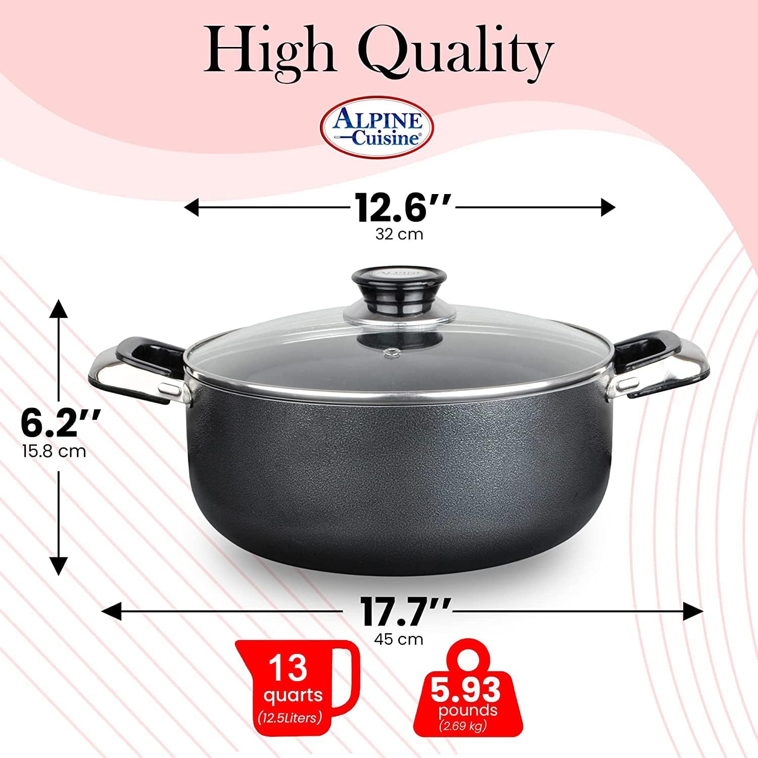 Alpine Cuisine 4 Quart Non-stick Stock Pot with Tempered Glass Lid and Carrying Handles, Multi-Purpose Cookware Aluminum Dutch Oven for Braising, Boiling, Stewing