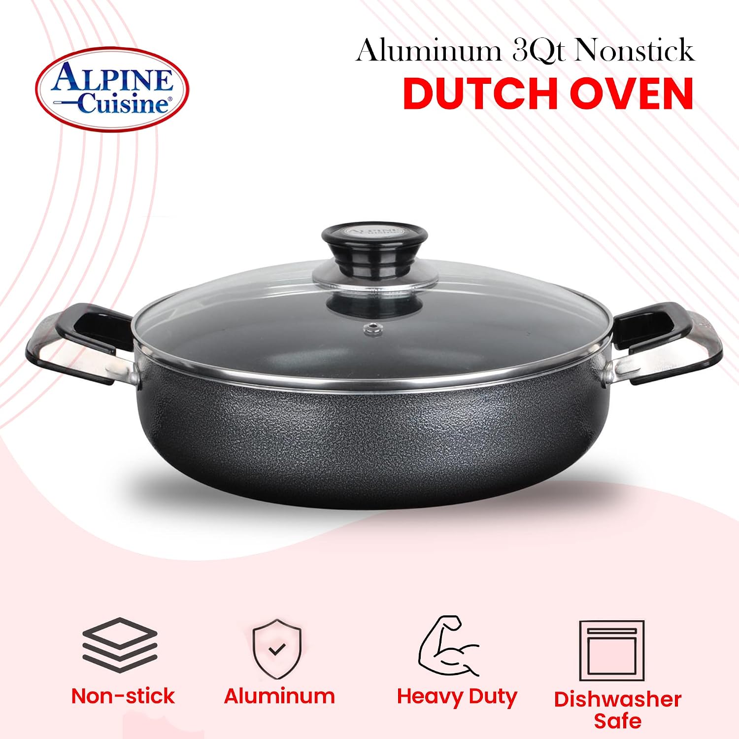 Alpine Cuisine 4 Quart Non-stick Stock Pot with Tempered Glass Lid and Carrying Handles, Multi-Purpose Cookware Aluminum Dutch Oven for Braising, Boiling, Stewing