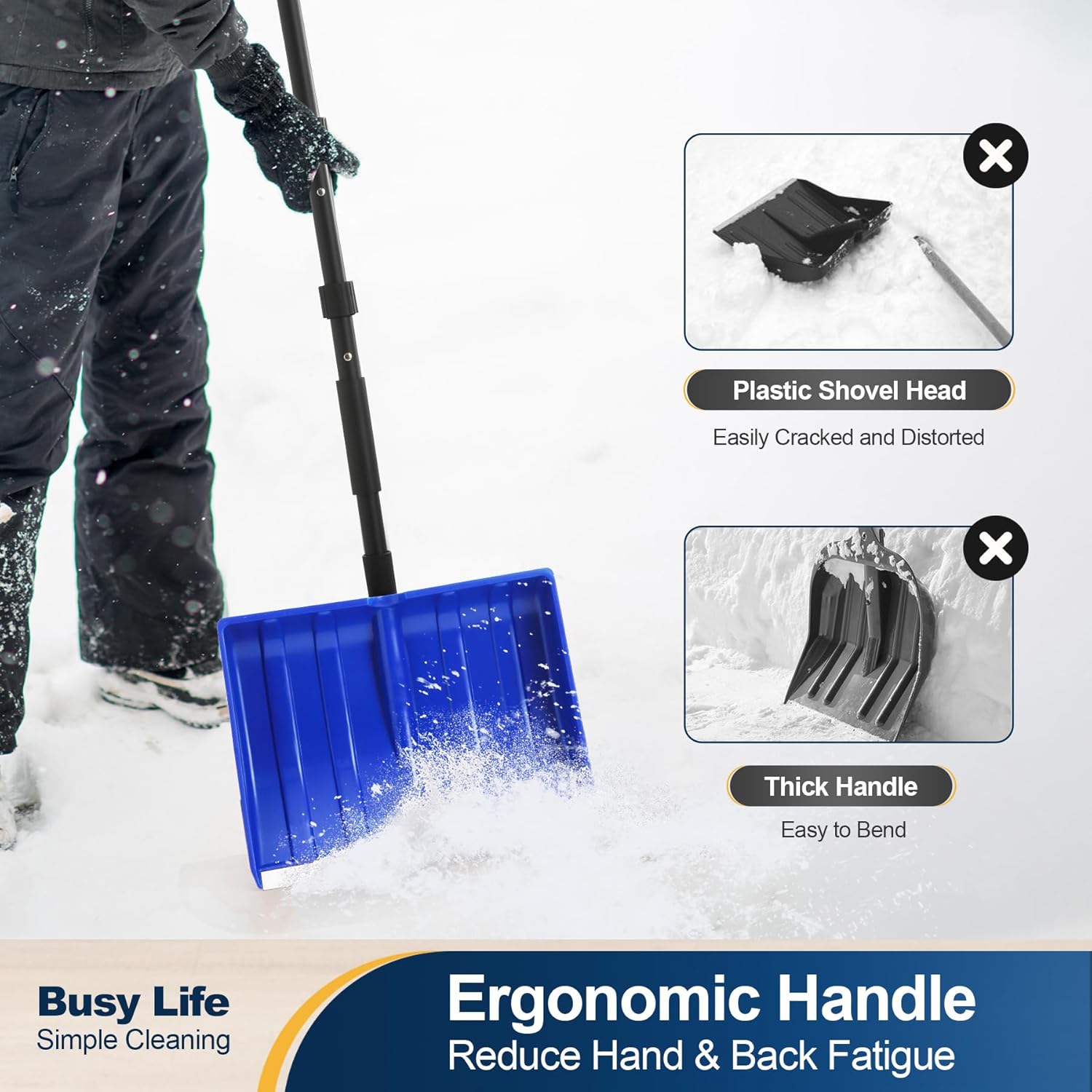 Yocada Snow Shovel for Driveway Home Garage Snow Removal 55 inch Long | with D-Grip Handle Aluminum Strip Large Capacity Shovel for Garden Car
