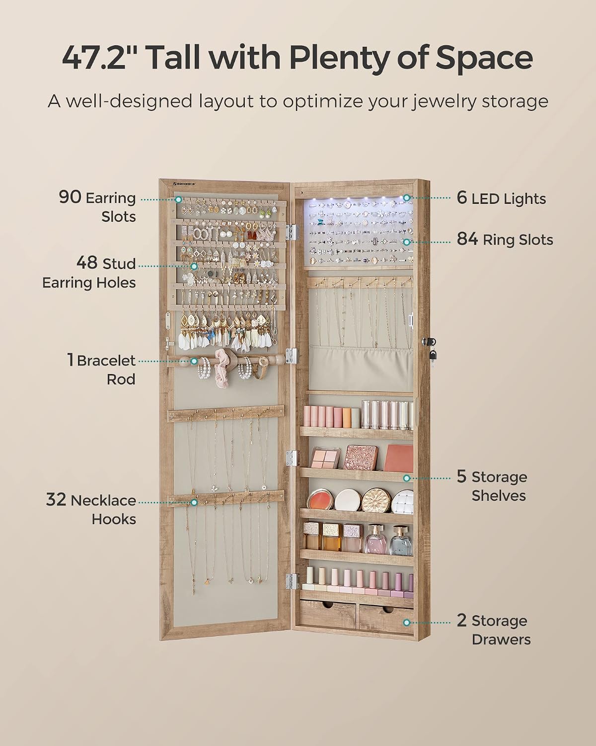 SONGMICS 6 LEDs Mirror Jewelry Cabinet, 47.2-Inch Tall Lockable Wall or Door Mounted Jewelry Armoire Organizer with Mirror, 2 Drawers, 3.9 x 14.6 x 47.2 Inches, White UJJC93W