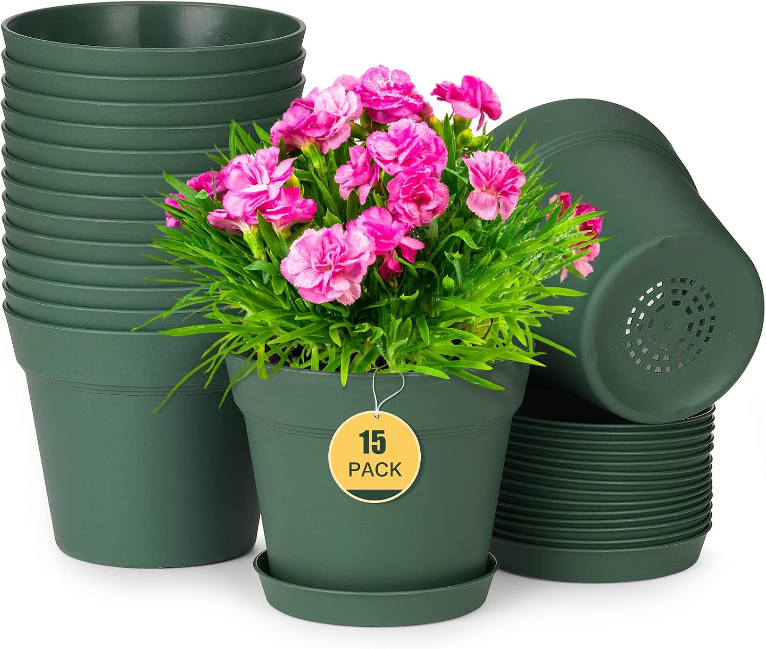 homenote 7.5 Inch Plastic Flower Pots with Drainage Holes and Trays (8 Pcs)