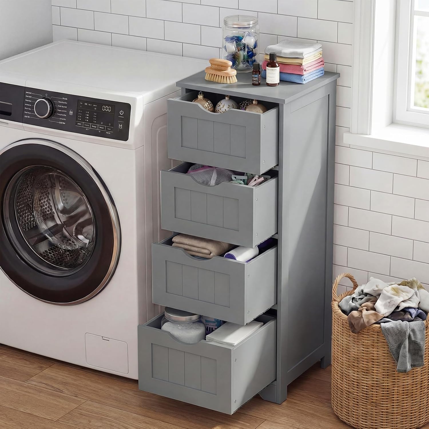 Tangkula Bathroom Floor Cabinet, Freestanding Narrow Side Storage Organizer with 4 Drawers, Multifunctional Towel Cabinet with Anti-Tip Kit for Living Room Laundry Entryway (4 Drawers, White)