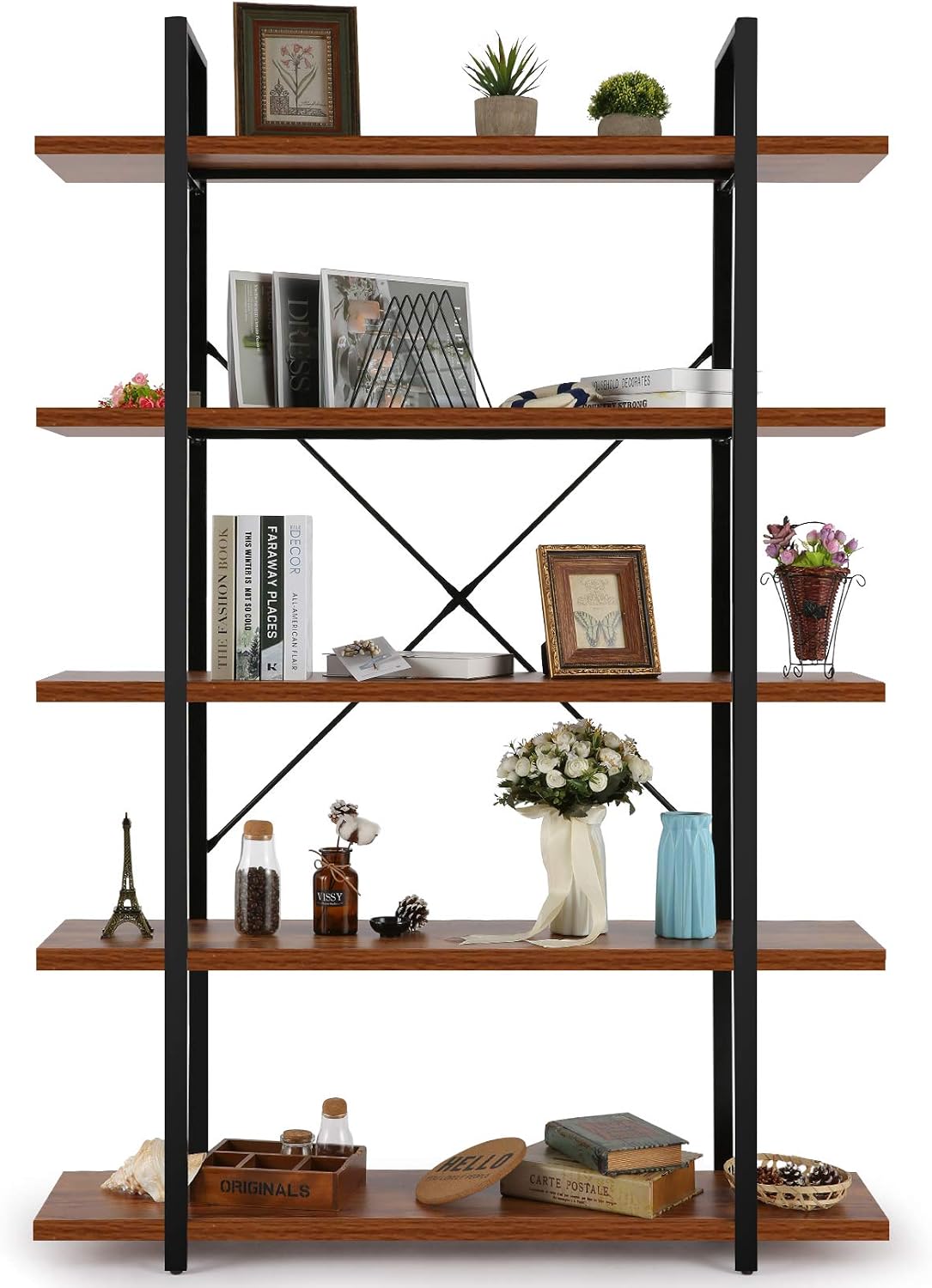 BATHWA Wood and Metal Minimalist 5 Tier Bookshelf, 6 feet Tall Open Rustic Wide Bookcase Industrial Style