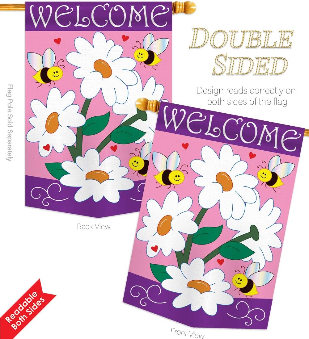 Two Group HS104060-P2-03 Daisies Spring Floral Applique Decorative Vertical 28" x 44" Double Sided House Flag Set Wood Dowel with String Hardware