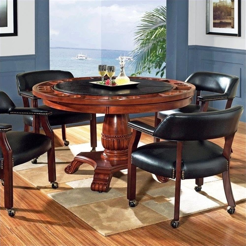 Steve Silver Tournament 51" x 51" Traditional Round Faux Leather & Wood Poker Game Table with Casters, Chairs, Pedestal Base, Removable Top