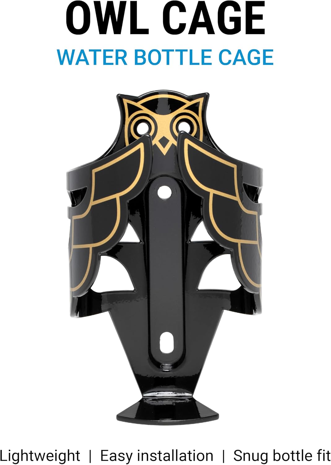 Portland Design Works Water Bottle Cage - Lightweight Water Bottle Holder for Bikes, Owl Cage, Black/Gold