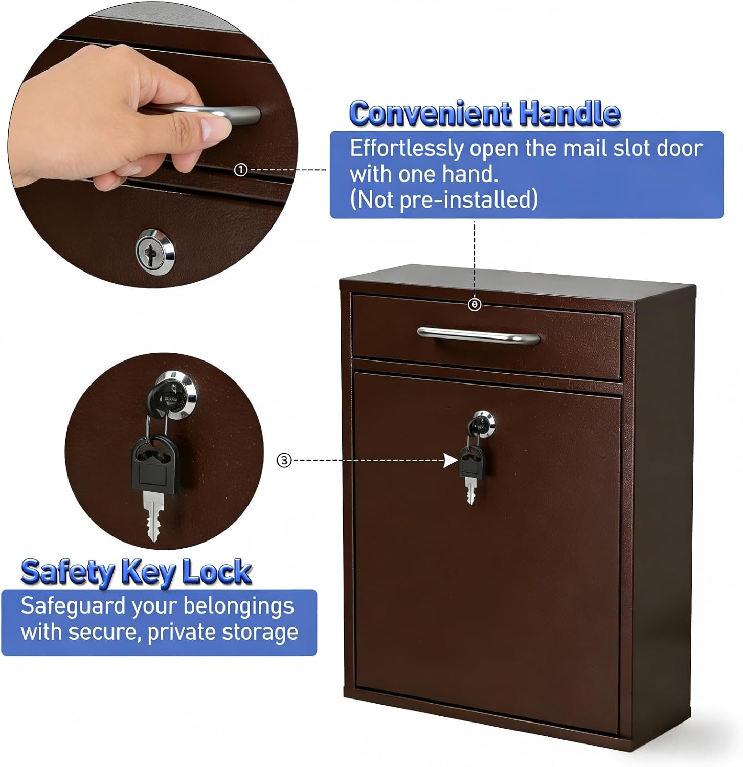 KYODOLED Steel Key Lock Mail Boxes Outdoor, Locking Wall Mount Mailbox, Security Lock Drop Box, Collection Boxes for Home, Office or Commercial,16.2H x 11.2L x 4.6W Inches, Black X Large