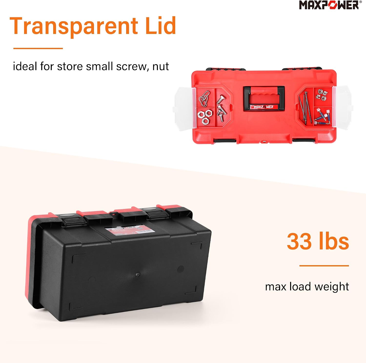 MAXPOWER Small Tool Box, 14-inch Plastic Tool Boxes with Handle | Removable Tray with Dual Lock Secured, Red Toolbox for Home