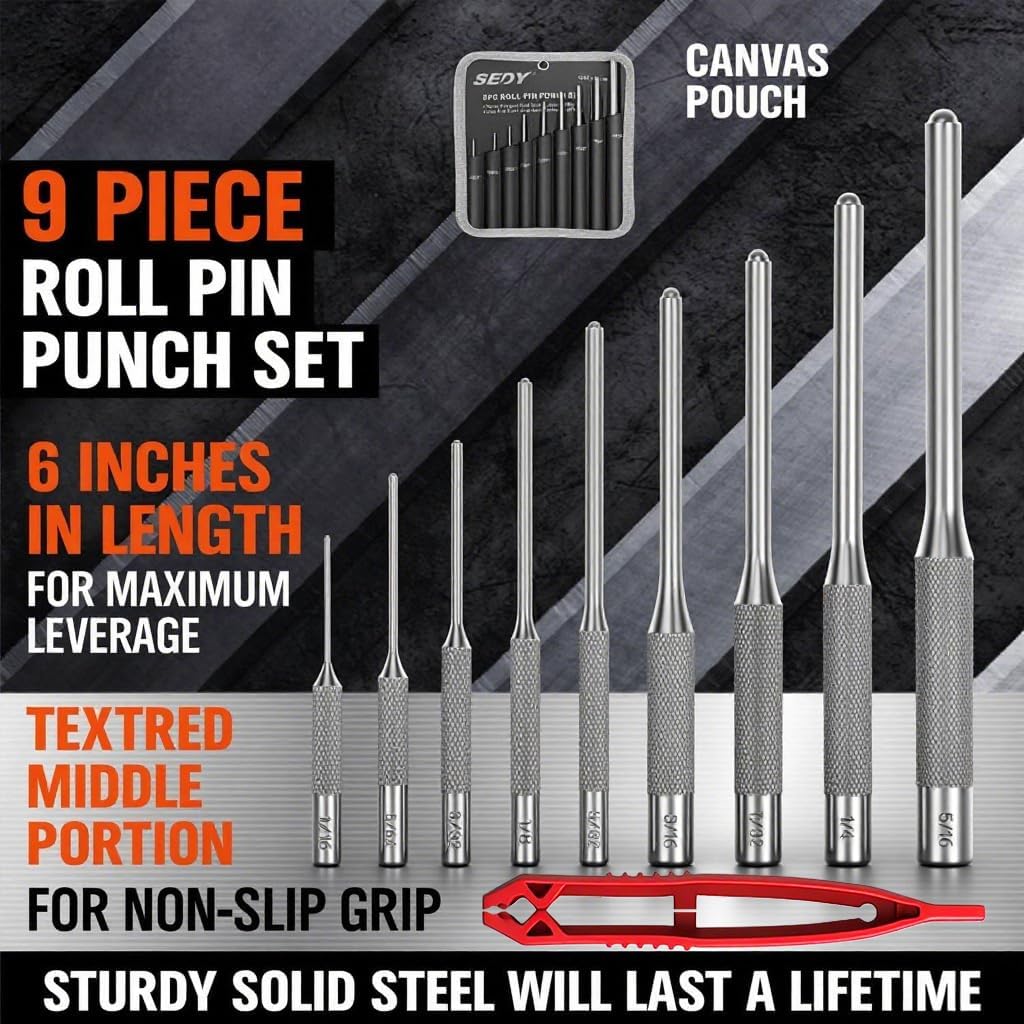 9-Piece Roll Pin Punch Set - Fast Pin Removal - Durable Steel & Construction - For Automotive, Firearm Maintenance, Watch