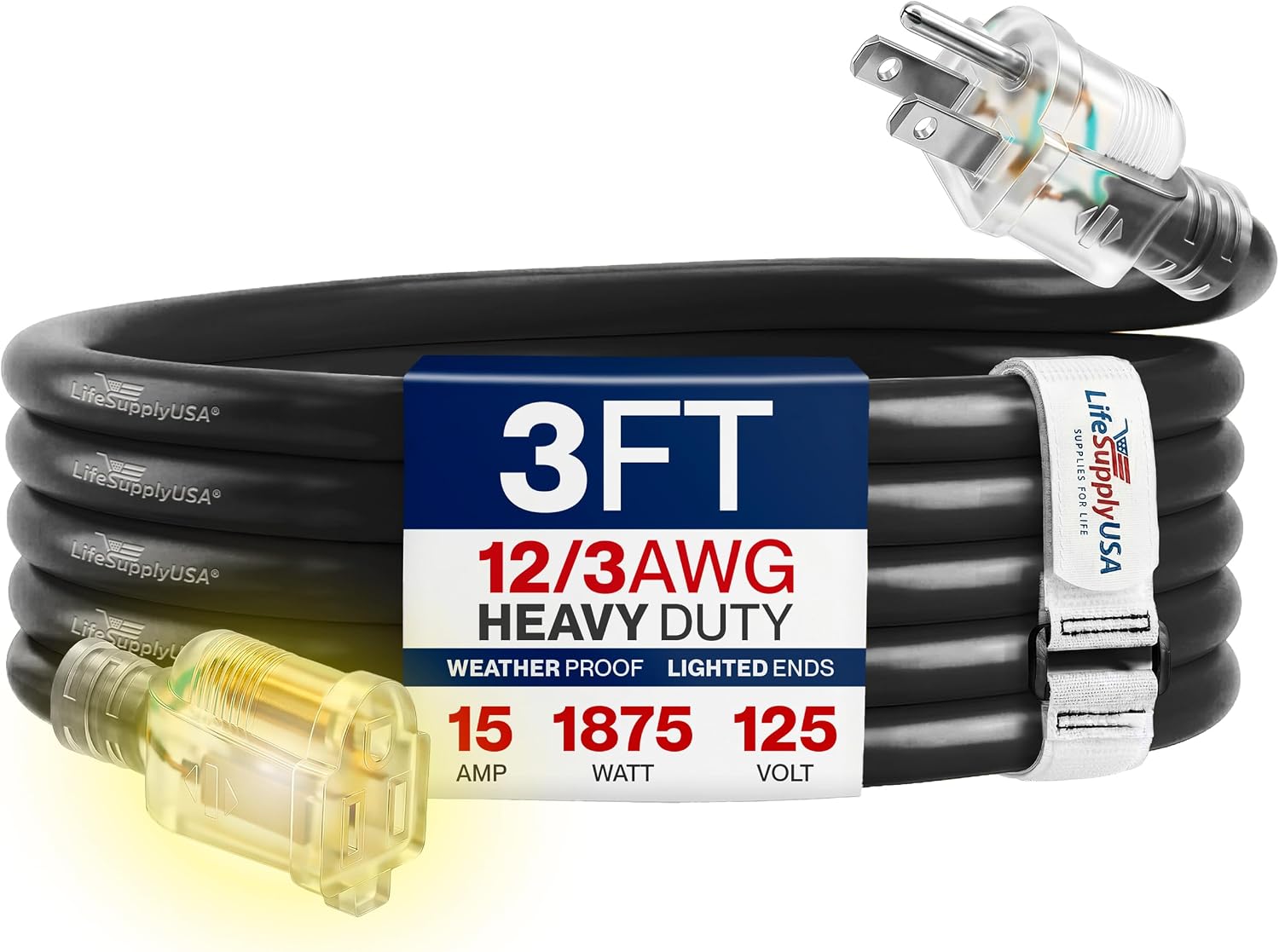 25ft Outdoor/Indoor Extension Cord 12/3 Gauge Extra Heavy Duty 3 Prong SJTW, Waterproof, Flexible Cold-Resistant Long Power Cord,15A 125V 1875W, Yellow by LifeSupplyUSA