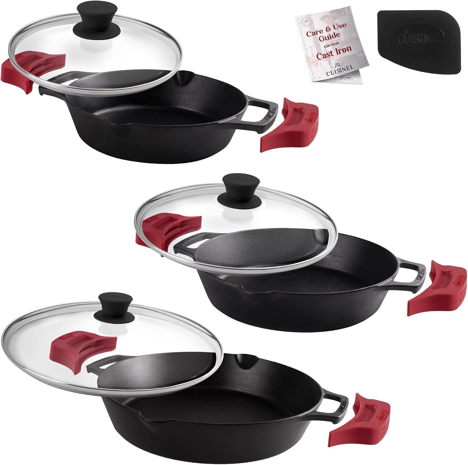 Cuisinel Cast Iron Skillet with Lid - 10"-Inch Pre-Seasoned Frying Pan + Glass Cover + Heat-Resistant Handle Holder - Indoor/Outdoor Use - Grill, Stove, Camp Firepit, Induction - Oven Safe Cookware