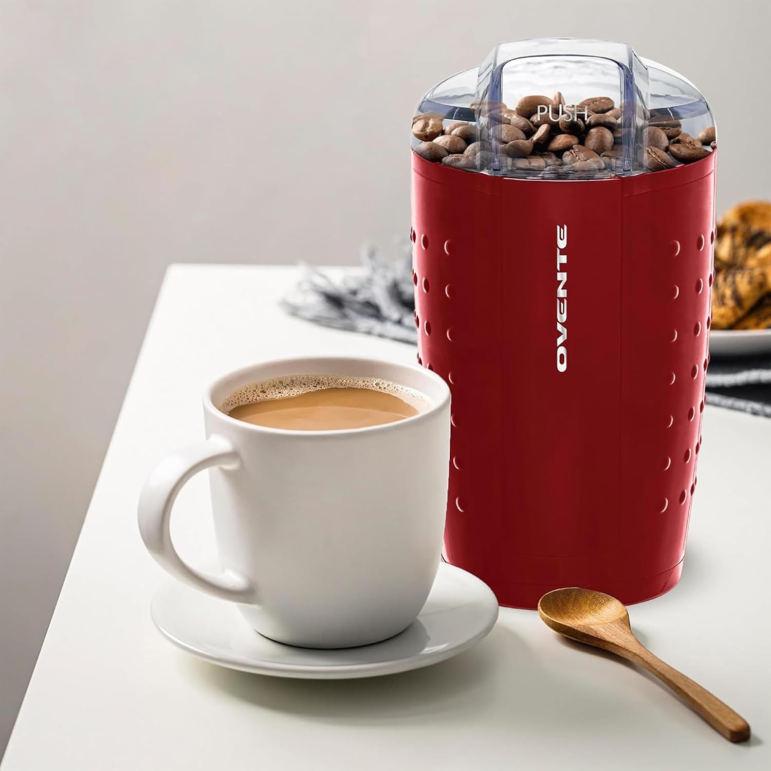 OVENTE Electric Coffee Grinder with One Touch Push-Button, White CG225W | 2.5oz Capacity, 150W Motor, Stainless Steel Blades for Uniform Grinding of Beans, Spices, Herb, Nuts & More, Safety Lock Lid