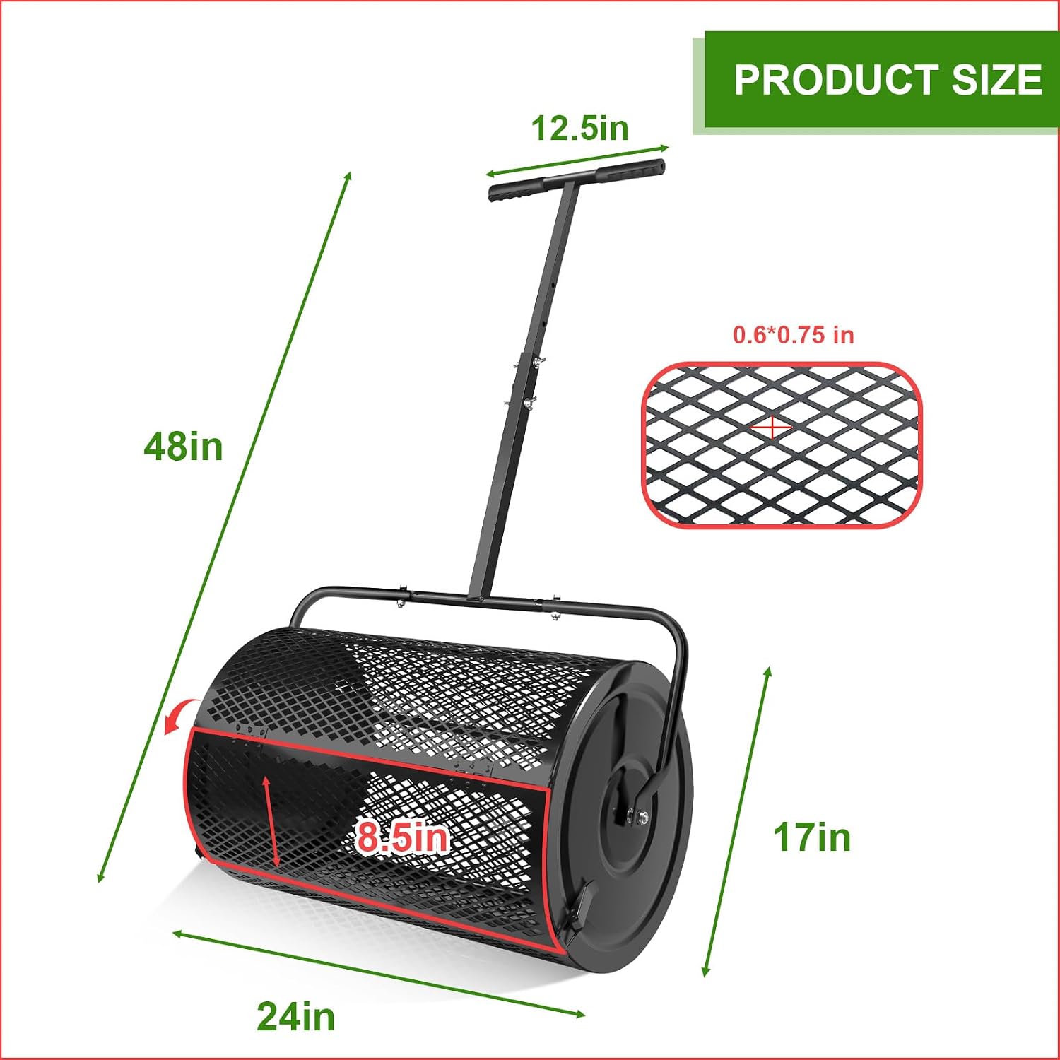 MAKEATREE 24 Inch Compost Spreader and Peat Moss Spreader, Lawn Roller for Spreading Top Soil Manure Dirt, Black