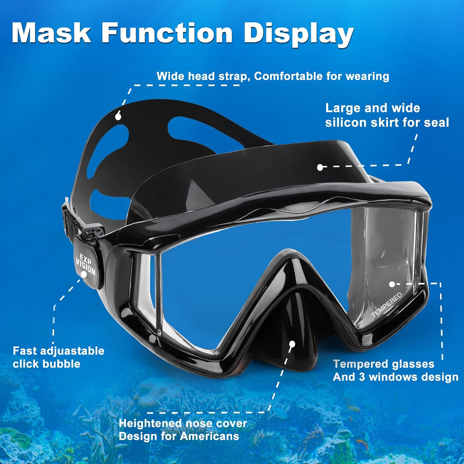 Adult Pano 3 Scuba Diving Mask, Tempered Glass Snorkel Mask Anti-Fog Swim Mask No Leakage Swim Goggles with Nose Cover Snorkeling Gear for Snorkeling