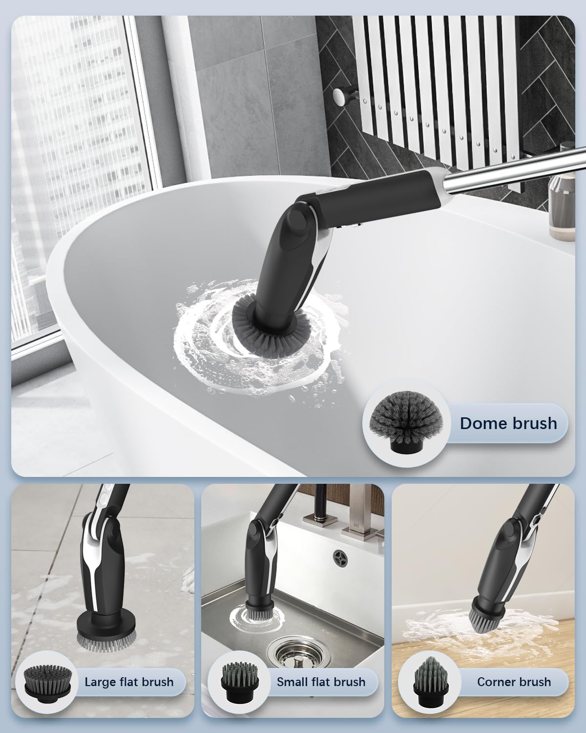 Leebein Electric Spin Scrubber, Shower Scrubber with 4 Adjustable Angles and 8 Brush Heads, Electric Scrubber with Long Handle & Remote Controller