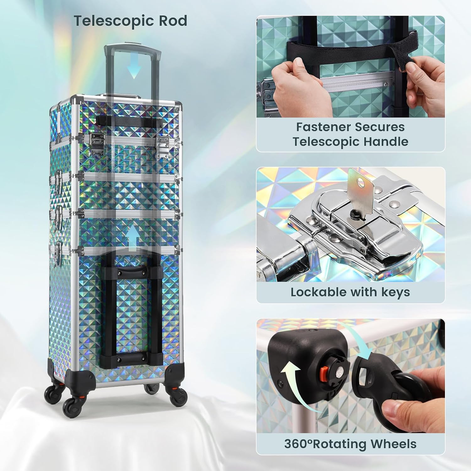 Stagiant Rolling Makeup Case Cosmetology Case on Wheels 4 in 1 Large Cosmetic Organizer Train Case Makeup Travel Case with Key Swivel Wheels Nail