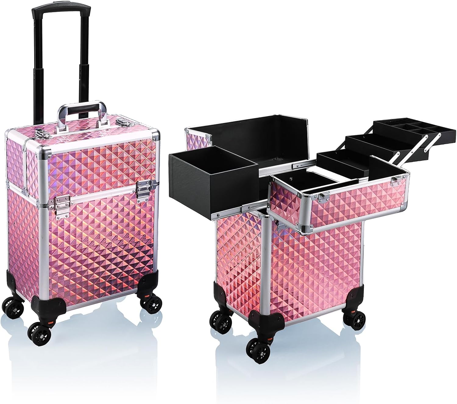 Stagiant Rolling Makeup Train Case Large Storage Cosmetic Trolley 4 Tray with Sliding Rail Removable Middle Layer with Key Swivel Wheels Salon