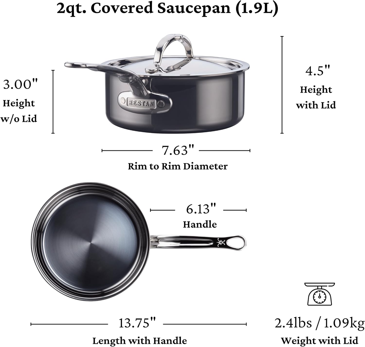 Hestan NanoBond Molecular Titanium Saucepan with Lid, 2-Quart - PFAS-Free Stainless Steel, 4x Stronger, 1050°F Oven Safe, Induction Compatible