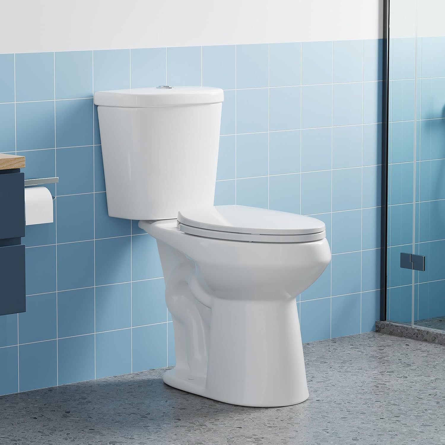 Two-Piece Toilets for Bathrooms, Comfort ADA Toilet with 19" Height, Elongated with Soft Close Seat, Power Flush 1.28 GPF