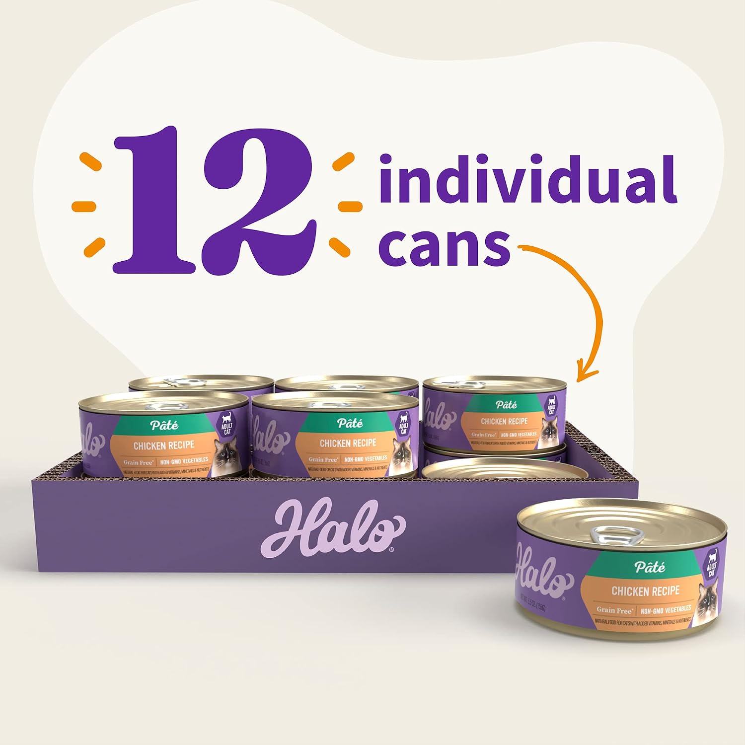 Halo Wet Cat Food Real Chicken Recipe, Grain-Free Wet Pate, Canned Cat Food for Extra Hydration, 5.5 Oz Can (Pack of 12)