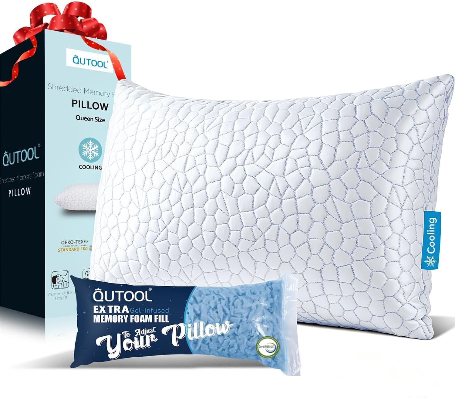 QUTOOL Cooling Pillow for Sleeping, CertiPUR-US Shredded Memory Foam Queen Pillows Set of 2, Cool Pillow for Hot Sleepers Adjustable Firm Pillow for Side, Back, Stomach Sleepers Soft Yet Support,White