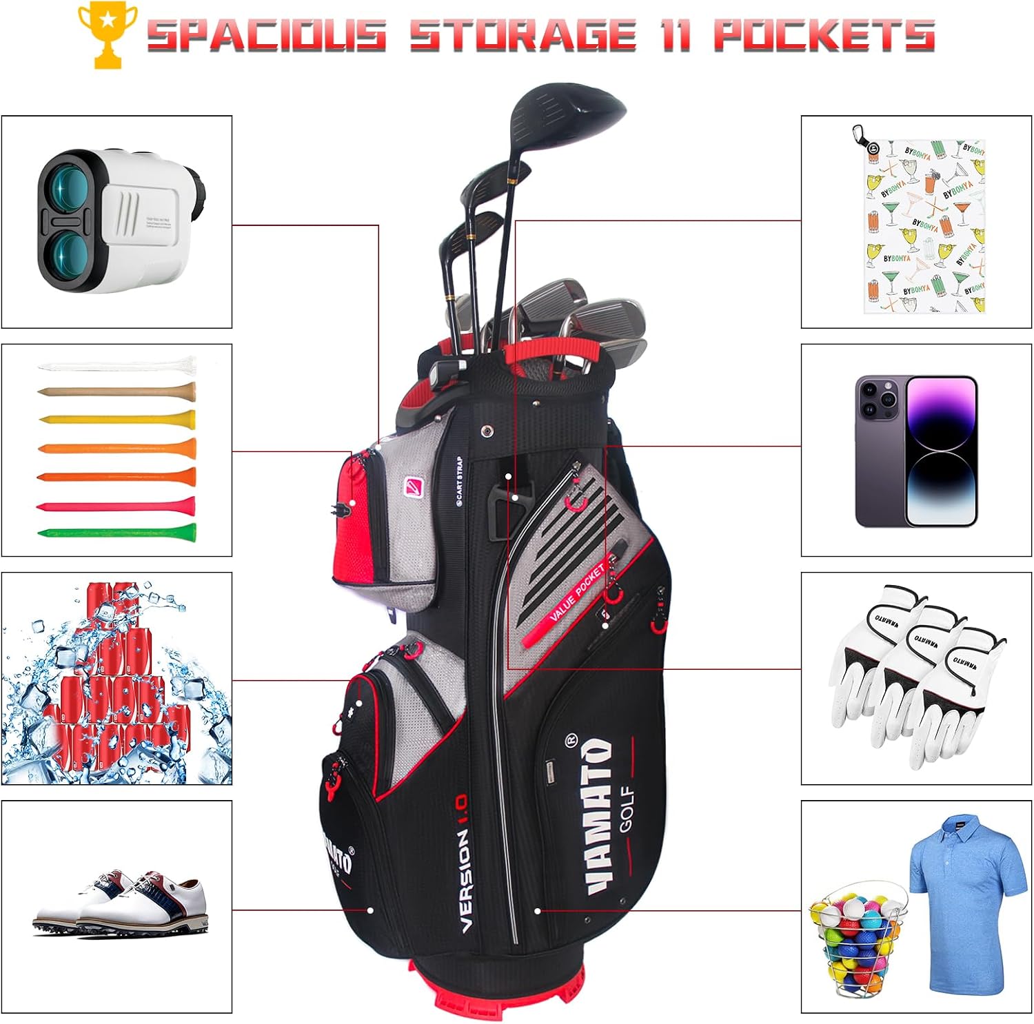 Yamato Golf Cart Bag 14 Way Organizer Divider Top with Handles Cooler Valued Pocket and Rain Cover Super Light Design New Version 1.0