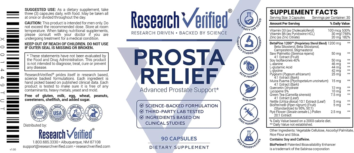 Research Verified Prosta Relief - Saw Palmetto and Bioperine - Prostate Health, Bladder & Urinary Health, Drive and Performance - Pure Natural, 90 Capsules (Pack of 1)
