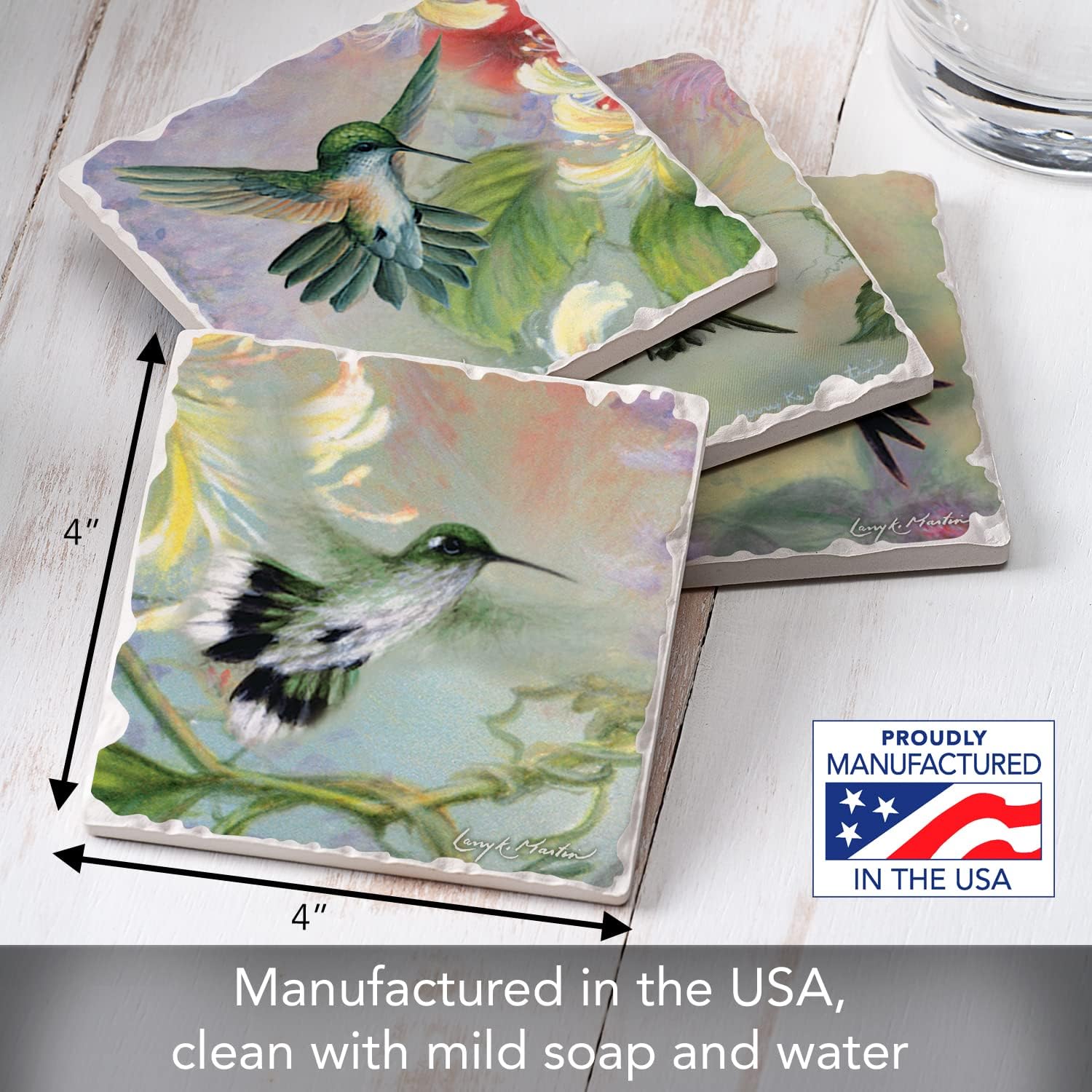 Thirstystone Hummingbirds 4 Pack Tumbled Tile Stone Coasters | 4" Square, Protective Cork Backing, Manufactured in the USA, Absorbent