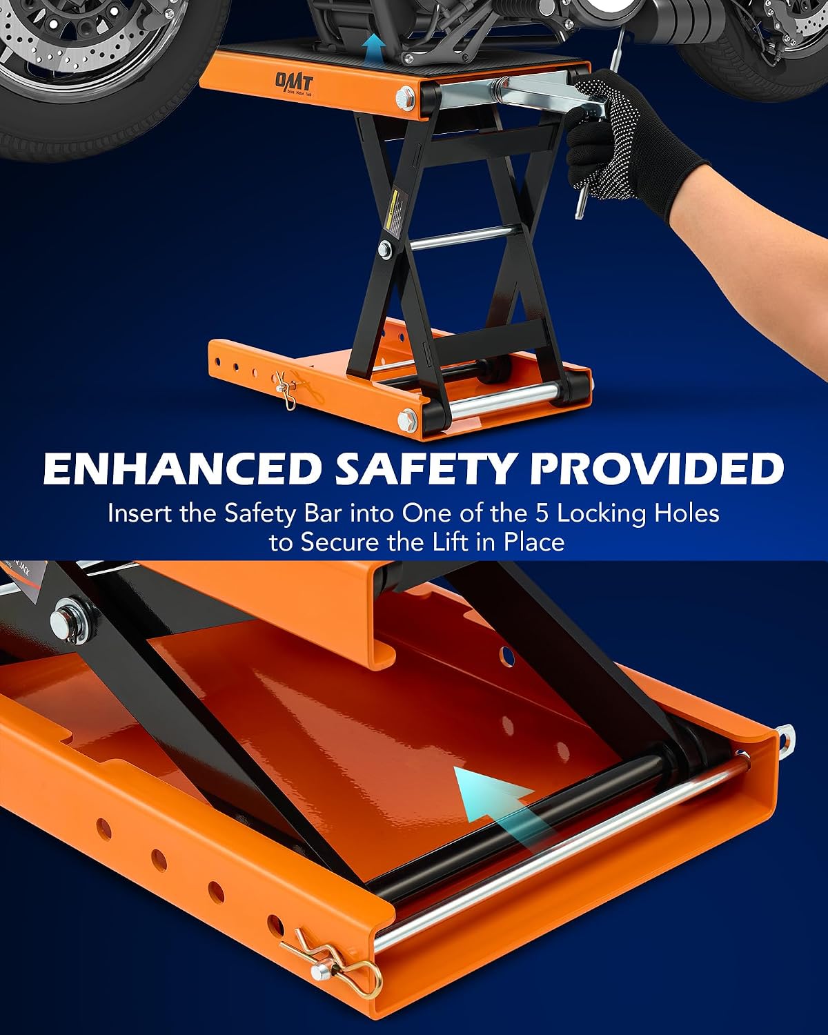 OMT 1100lb Motorcycle Scissor Lift Jack Wide Deck Motorbike Hoist Stand | Center Stand For ATV Dirt Bike Cruiser; T Handle And 3/8 Inch Socket; 3.7 To 14.6 Inch Lift; 5 Locking Holes; Chain Brush