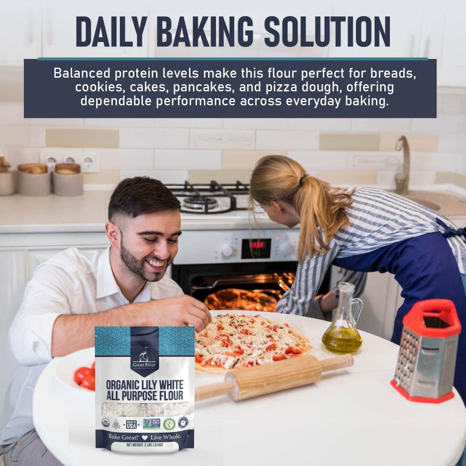 Great River Milling Organic Lily White All Purpose Flour, 25 lb | Organic Lily White All-Purpose Flour for cookies, cakes, muffins, biscuits, breads, pizza dough and pie crust; balanced