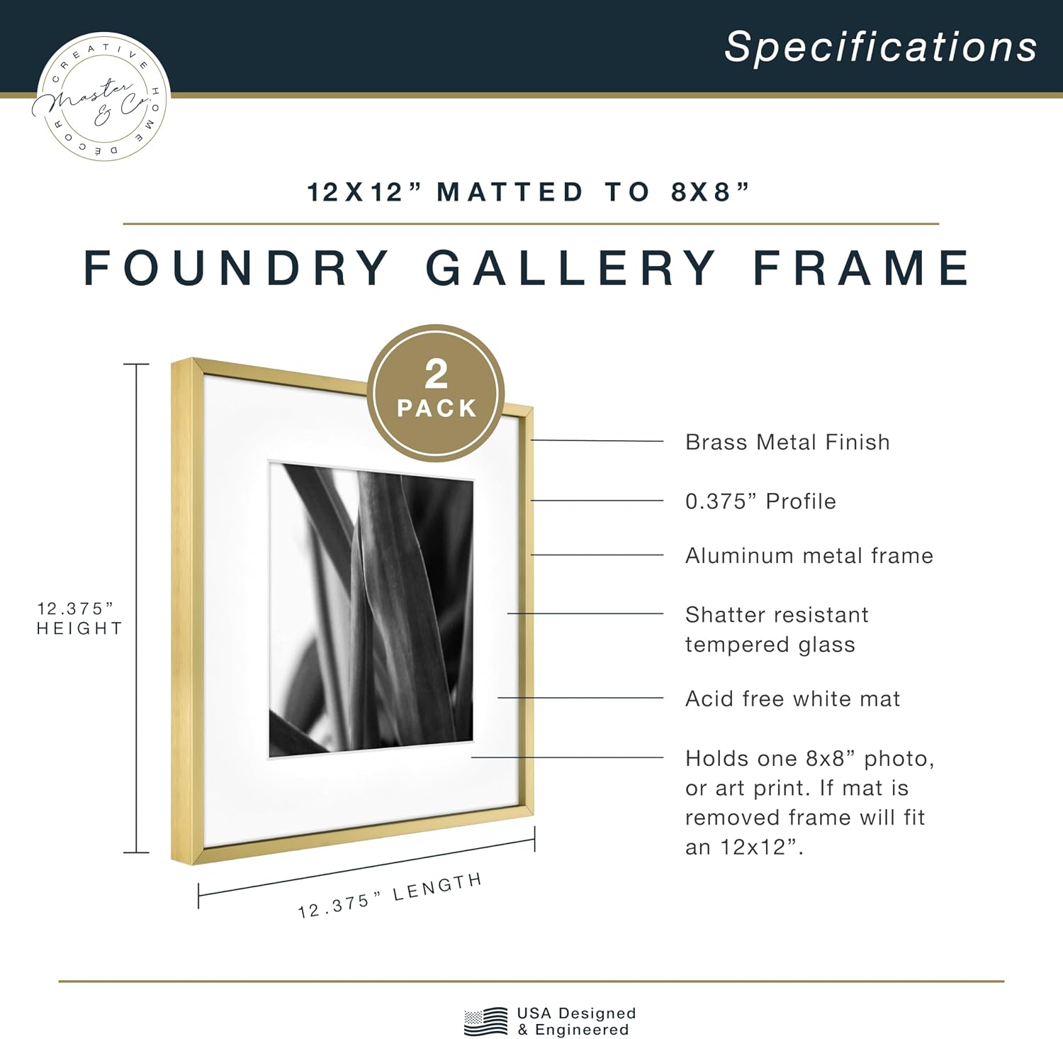 MCS Master & Co. Foundry Metal Picture Frame, 12x12 Matted to 8x8