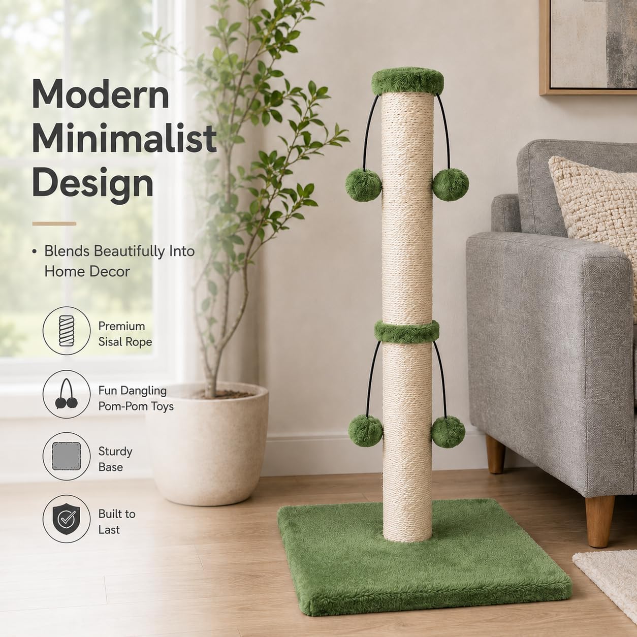 Dimaka 29'' Cat Scratching Post, Natural Sisal Rope Scratcher Post, Kitten Claw Scratch with 4 DanglingToy Balls for Large Cats (Grey)