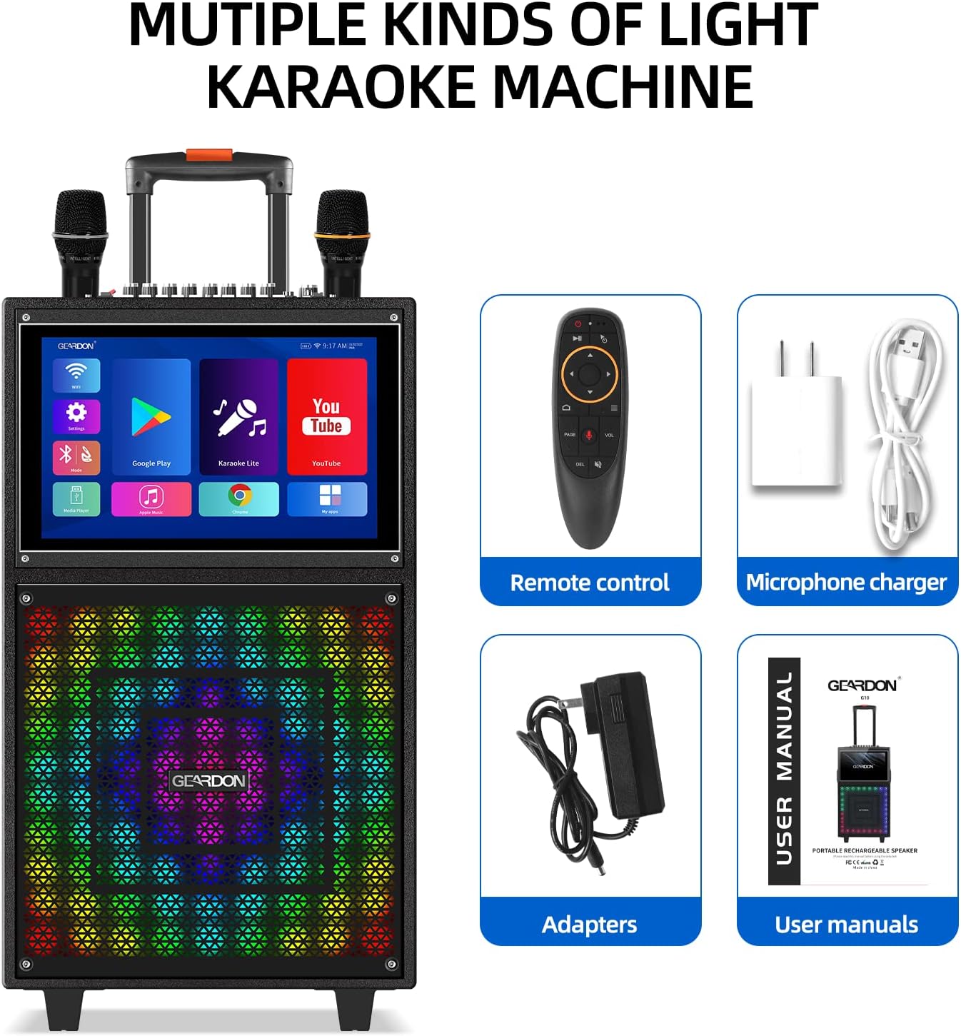 Karaoke Machine with Lyrics Display Screen for Adults, 15" Tablet | Bluetooth Speaker with 2 Rechargeable UHF Mics, 1000W Peak Power, DJ Lights, Portable Karaoke System for Any Occasion