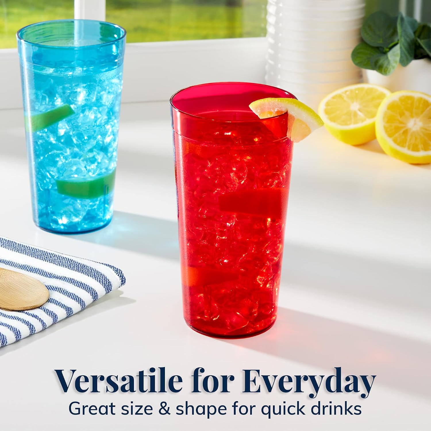 US Acrylic Cafe Plastic Reusable Tumblers (Set of 16) 20-ounce Water Cups Coastal Colors | Restaurant Style Drinking Glasses Value Set, Stackable, BPA-free, Made in the USA | Top-rack Dishwasher Safe