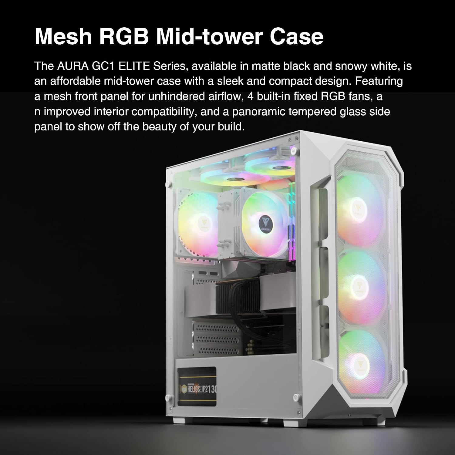 GAMDIAS ATX Mid Tower Gaming Computer PC Case Tempered Glass, Built-in 4X 120mm ARGB Case Fans, Front Airflow Mesh, Up to 6x120mm Fans, 340mm GPU/VGA, 360mm AIO/Radiator, 160mm CPU Cooler