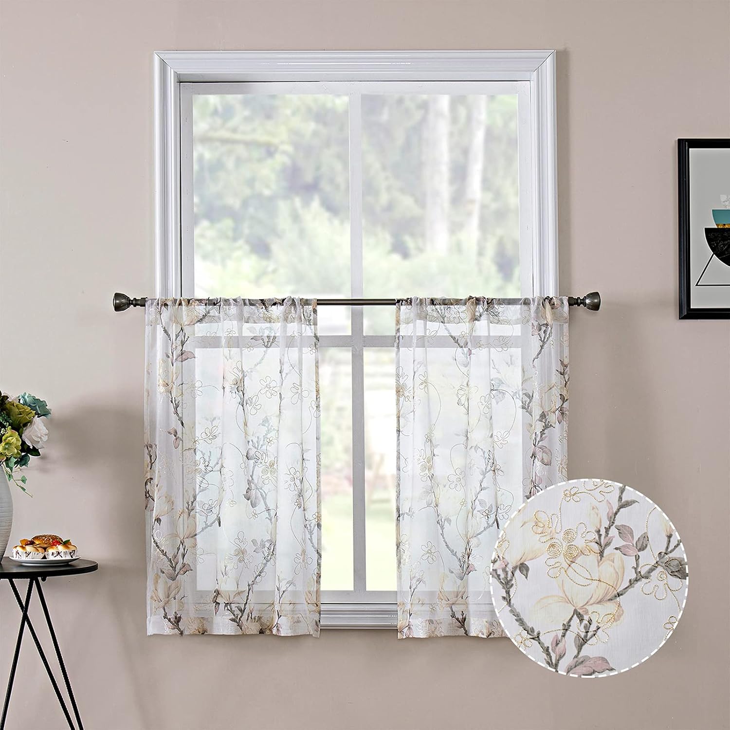 Tollpiz Floral Grey Sheer Curtain Flower Print Vine Embroidery Bedroom Curtains Rod Pocket Voile Window Curtain for Living Room, 54 x 84 inches Long