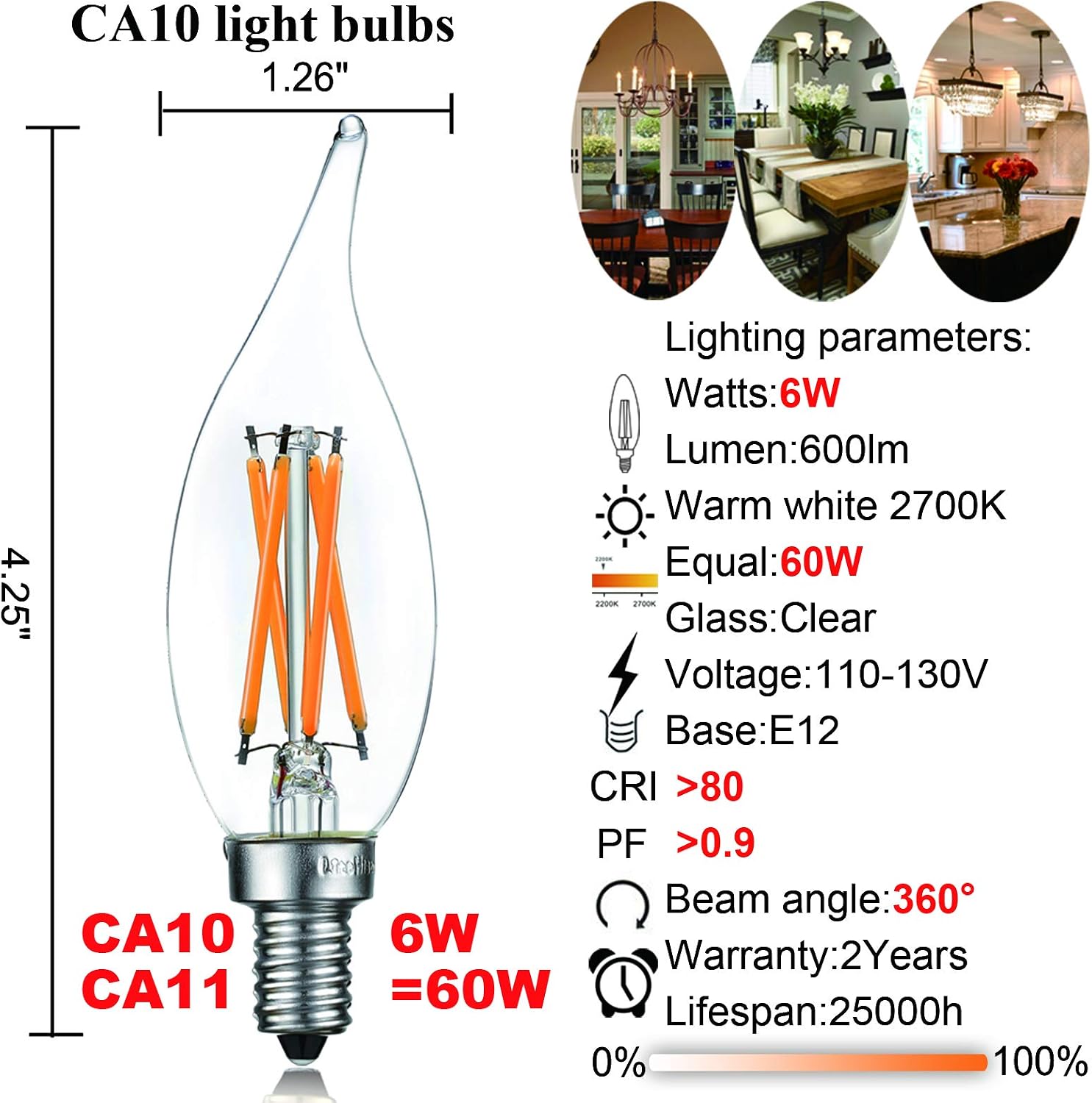 LiteHistory CA10 E12 Candelabra Bulb 40 watt,Amber Light Bulbs,2200K,6Pack | 4w=40 watt Light Bulbs,E12 Bulb,250lm,AC120V,ETL,Candelabra Light Bulbs for Chandelier Light Bulbs,Pendant,Candle Light Bulbs
