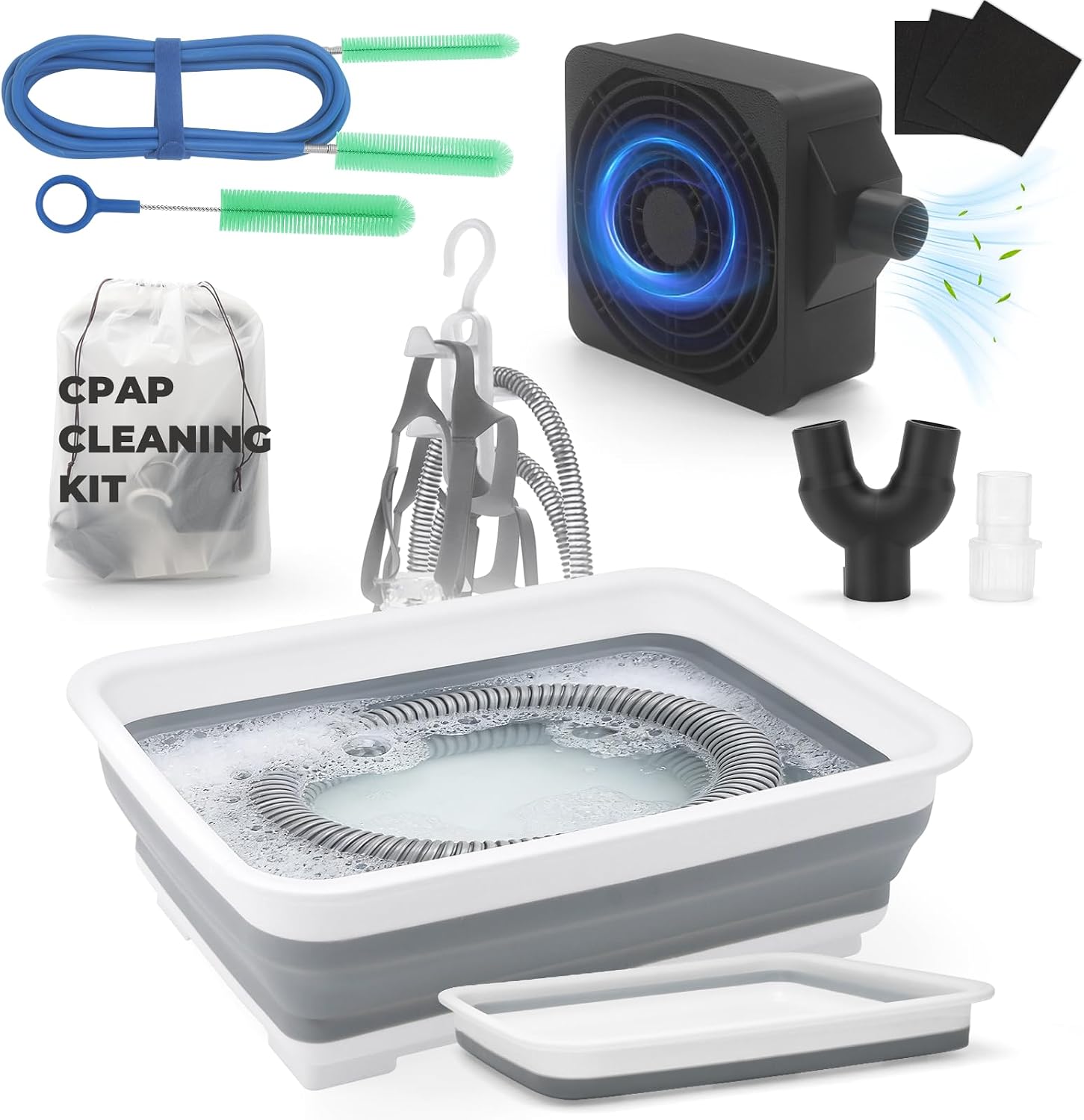 9 Pack CPAP Cleaning Kit for Hose & Mask, with Speed Control Hose Dryer, Collapsible Wash Basin & Hose Hanger, 7ft Cleaning Brush, CPAP Cleaning Supplies with Storage Bag, for 22mm & 15mm Tube