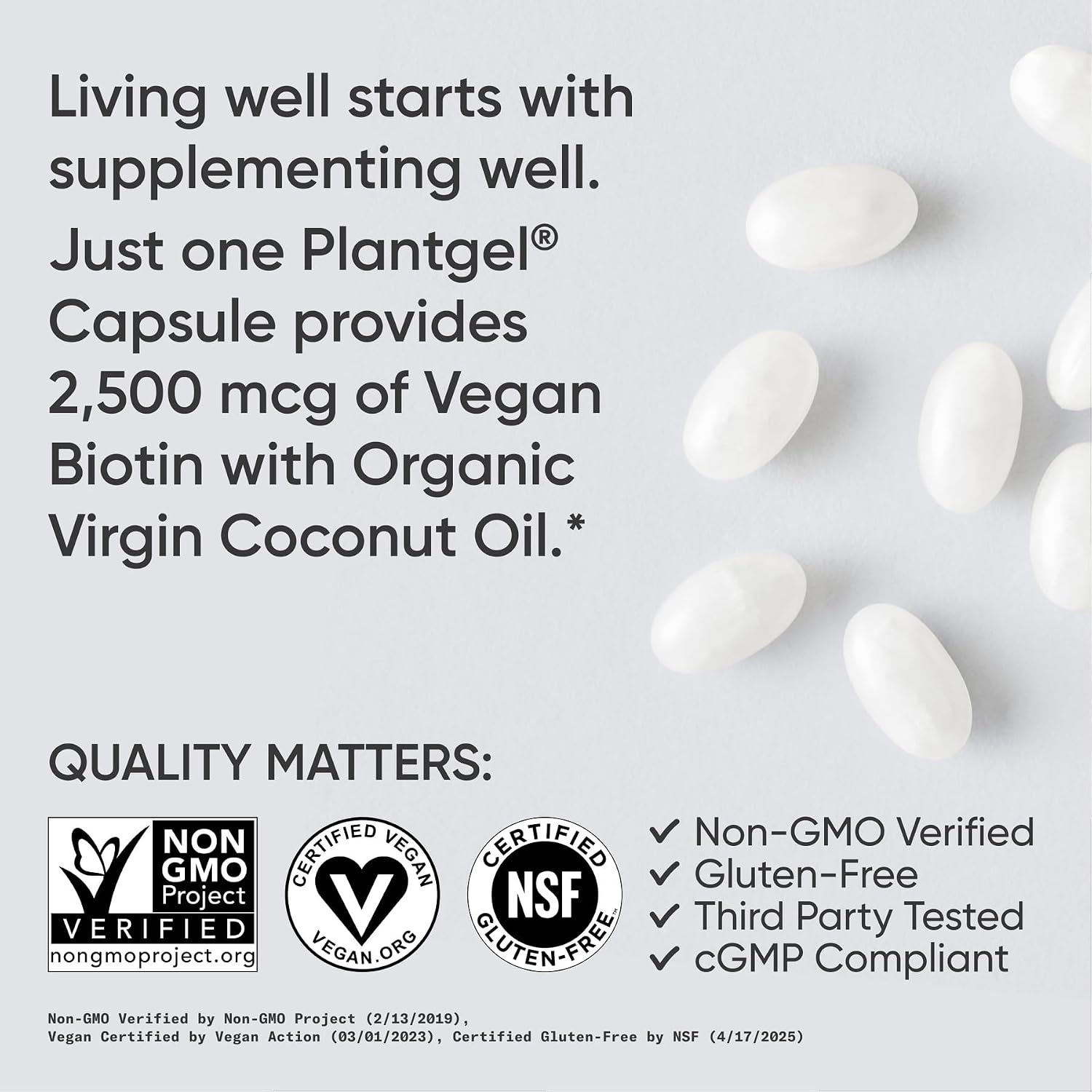Sports Research® Biotin 10,000mcg w/Coconut Oil, 120 Count Plantgels™ | Max Strength Vegan Biotin (Vitamin B7) for Healthy Skin and Hair Support | Non-GMO, Gluten & Soy-Free, 120 Servings