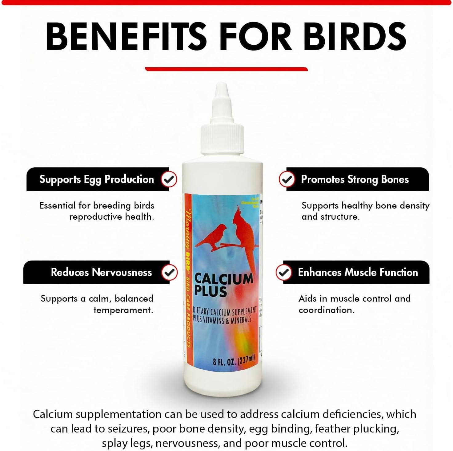 Calcium Plus Liquid for Birds – Calcium Supplement with Vitamins and Minerals for Strong Eggshells, Healthy Bones - Support Growth, Breeding, and Wellness for All Birds 4 Fl Oz | Calcium Supplement - Supports Healthy Growth, Bone Strength, Breeding, Brai…