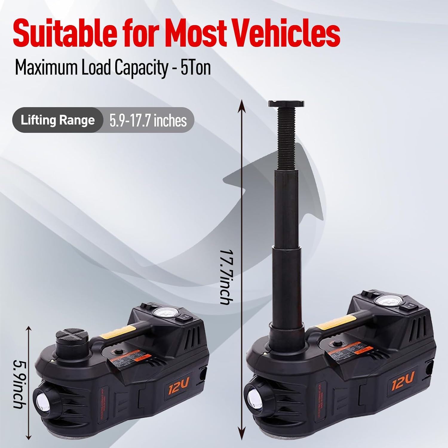 Trihelper Electric Car Jack 5 Ton 12V Floor Jack Hydraulic Jack Stand Car Lift Jack with Integrated Tire Pump for SUV Truck Sedan Vehicle Roadside