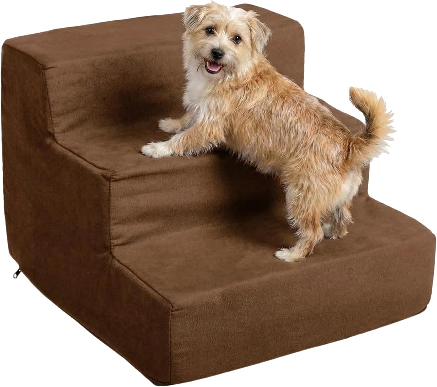 3-Step Pet Stairs - Nonslip Foam Dog and Cat Steps with Removable Zippered Microfiber Cover - 2-Tone Design for Home or Vehicle Use by PETMAKER (Tan) | 3-Step Pet Steps for High Bed and Couch - Pet Stairs with Nonslip Bottom, High-Density Foam, and Remov…