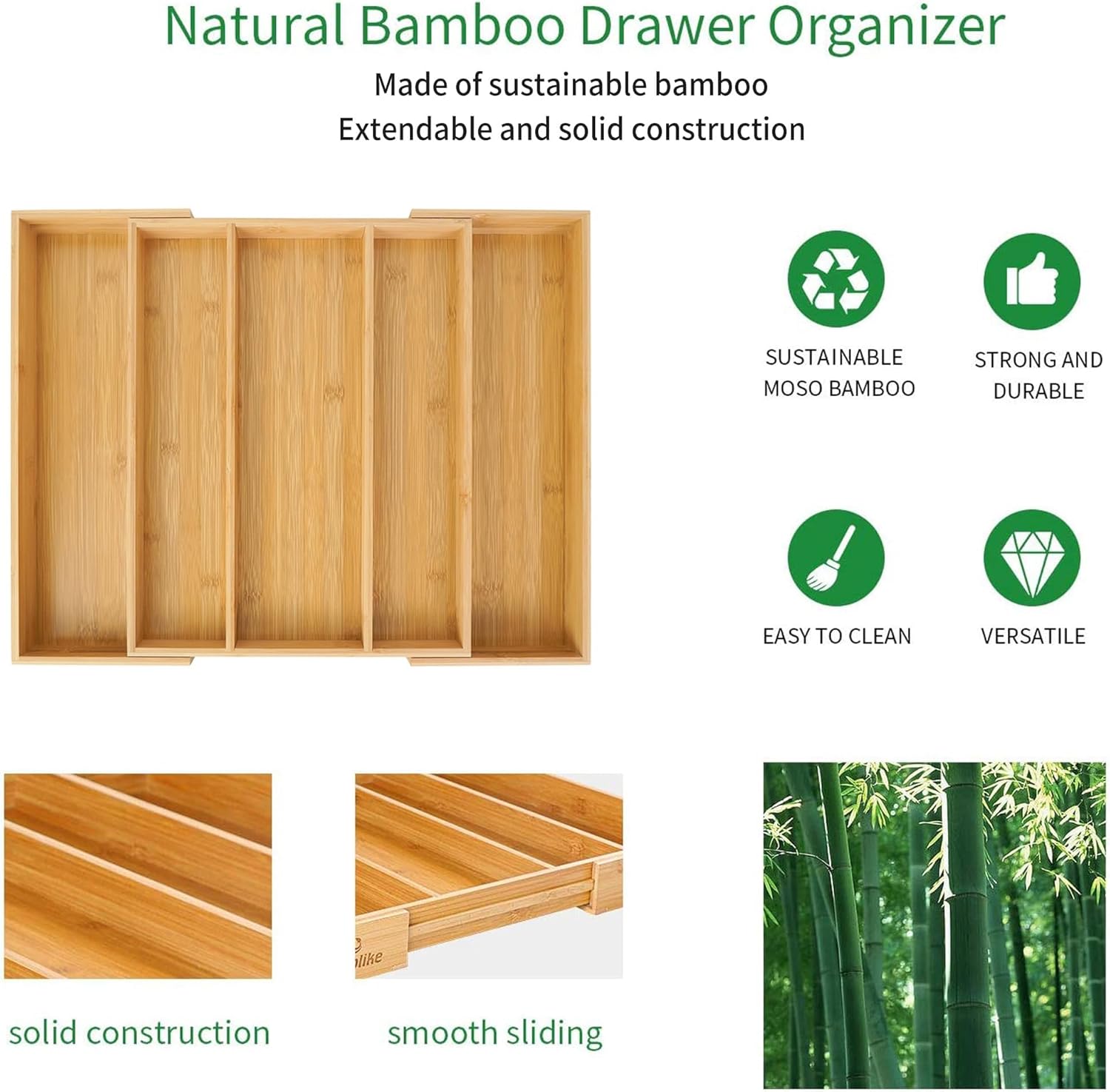 Utoplike Bamboo Expandable Kitchen Drawer Organizer Silverware Utensil Tray