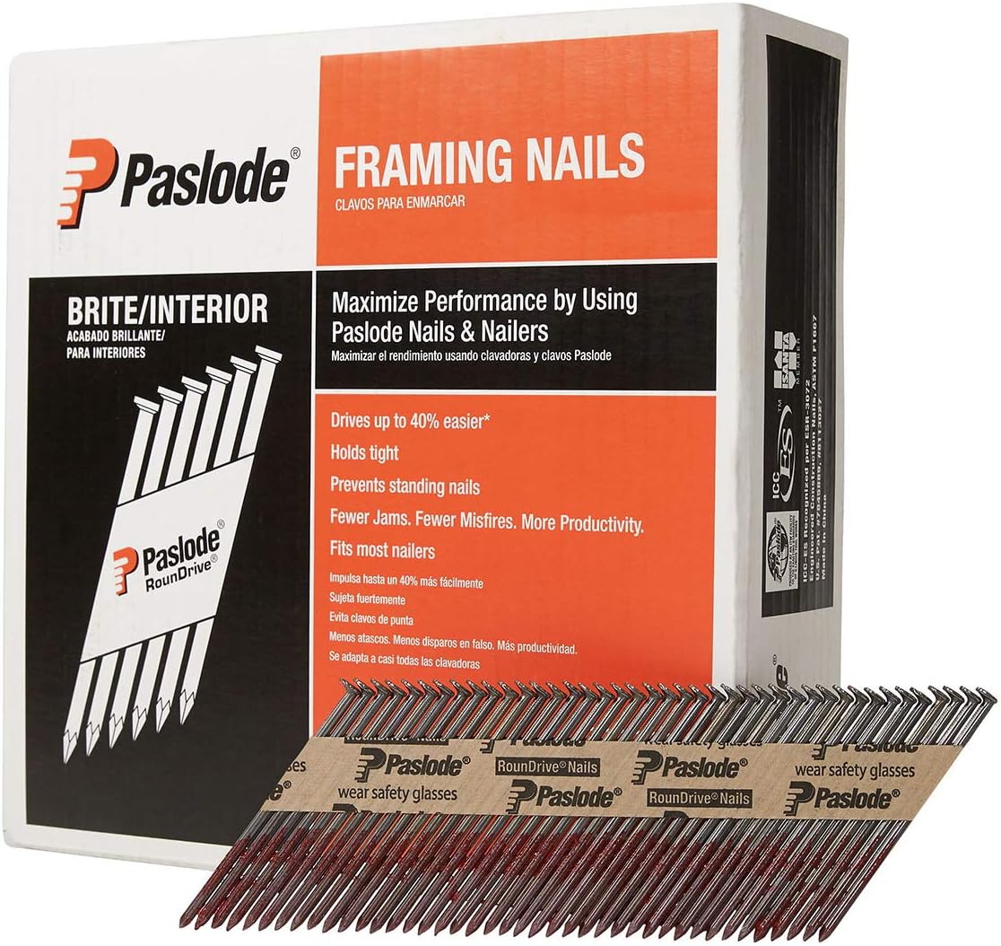 Paslode Brite 30 Degree Framing Nails - Brite Smooth Shank 30 Degree Paper Tape Collated RounDrive Framing Nails - Smooth Frame Nail for Paslode