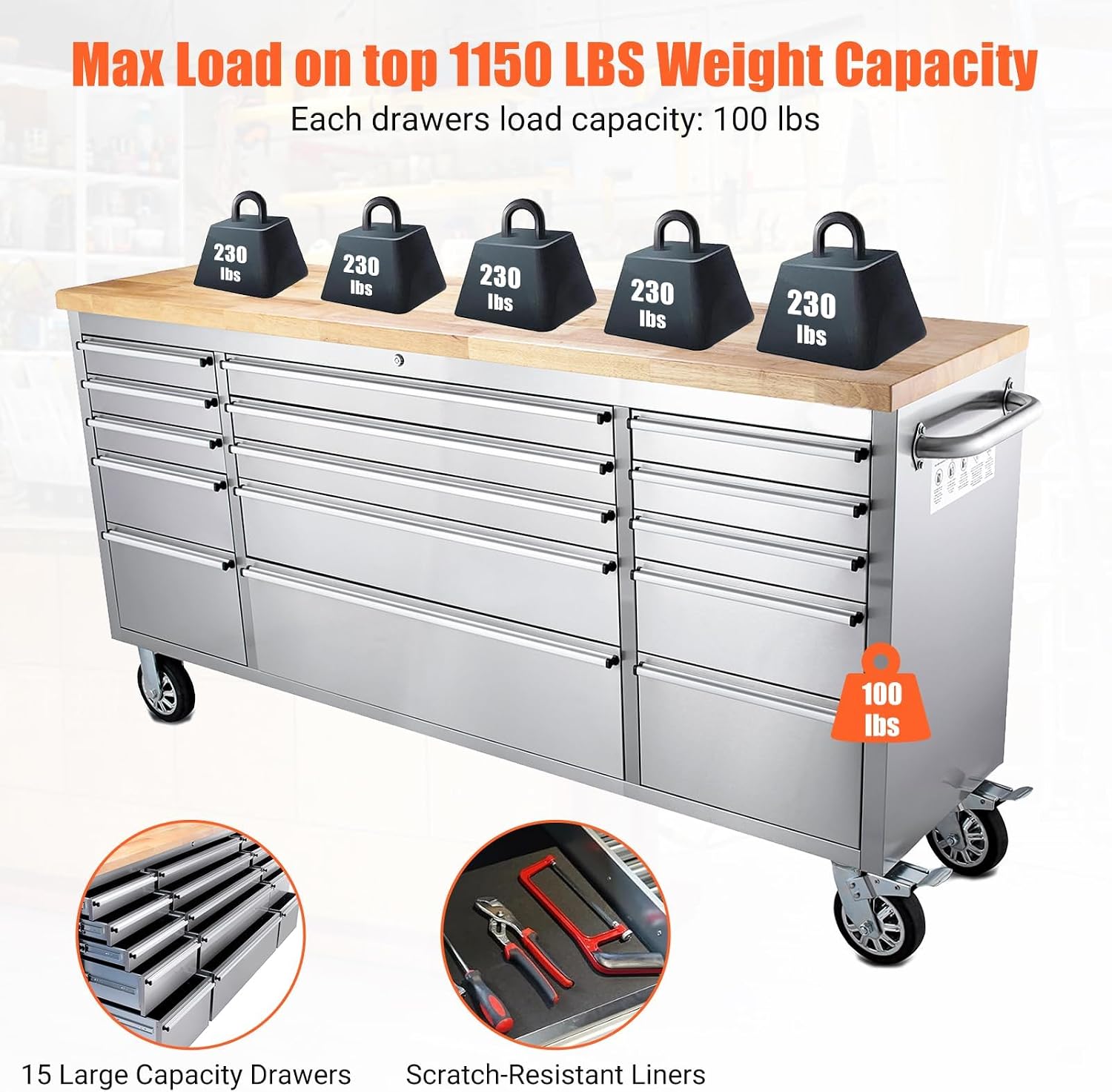61-Inch Rolling Tool Chest with 10 Drawers & Power Strip, Solid Rubber Wood Top, 1675 LBS Load Heavy Duty Mobile Workstation, Locking System and Drawer Liners for Garage Warehouse Shop, Black
